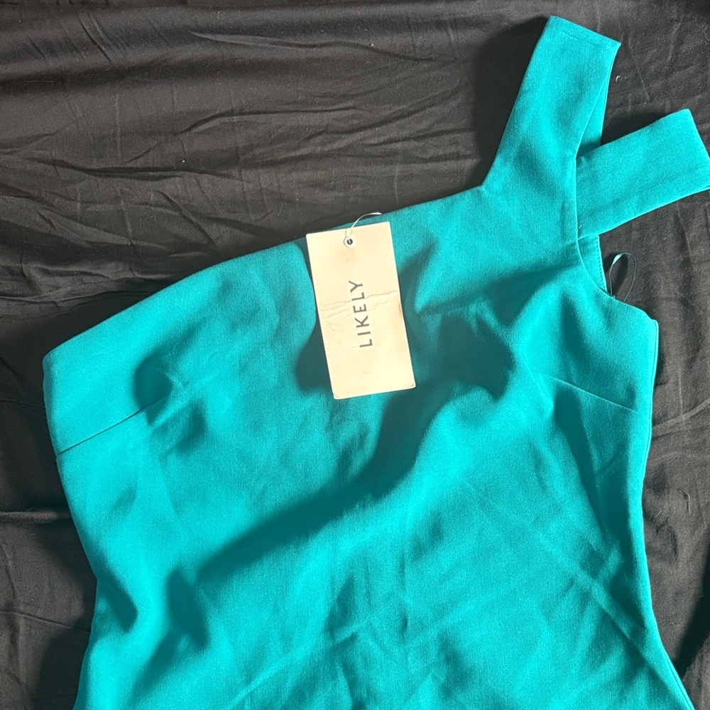 LIKELY Teal Asymmetric One-Shoulder Dress